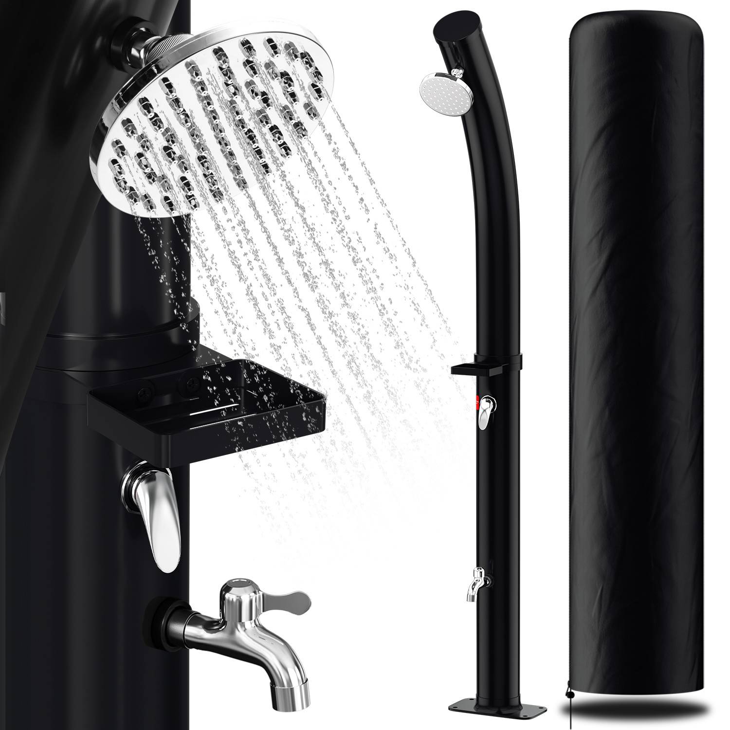 Outdoor-Solarduschsystem mit doppelten Duschköpfen und einem Wasserhahn, das ein elegantes schwarzes Design mit verstellbaren Duschköpfen präsentiert.
