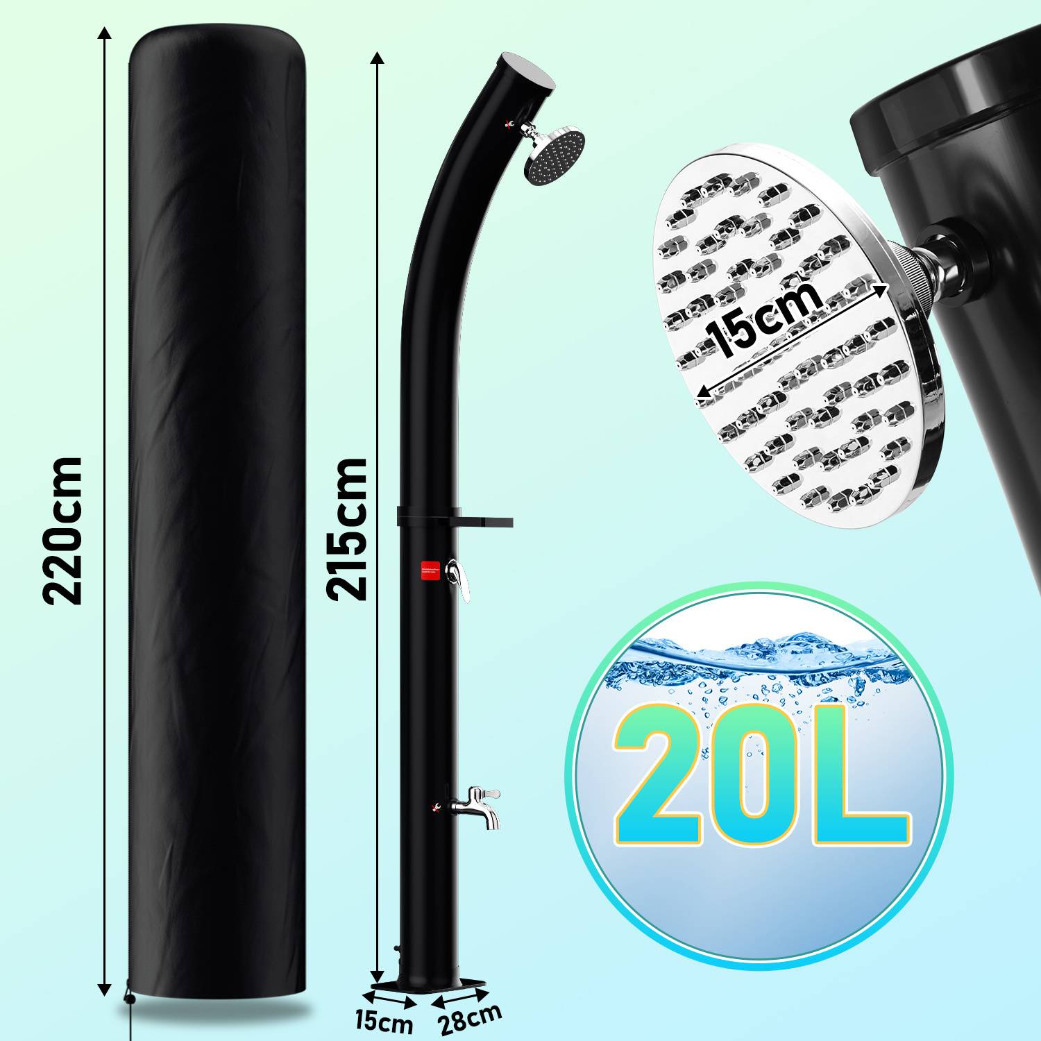 Outdoor-Solardusche mit Schutzabdeckung. Die Dusche ist 215 cm hoch mit einem 15 cm Duschkopf. Die Kapazität beträgt 20 Liter.