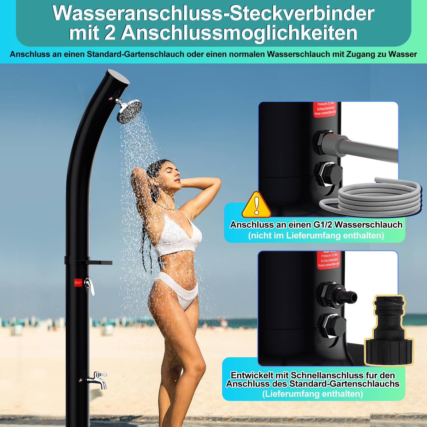 Eine Frau duscht an einem Strand mit einer schwarzen Außenduschvorrichtung. Die Einblendung zeigt Details der Schlauchverbindung mit deutschem Text zur Kompatibilität.