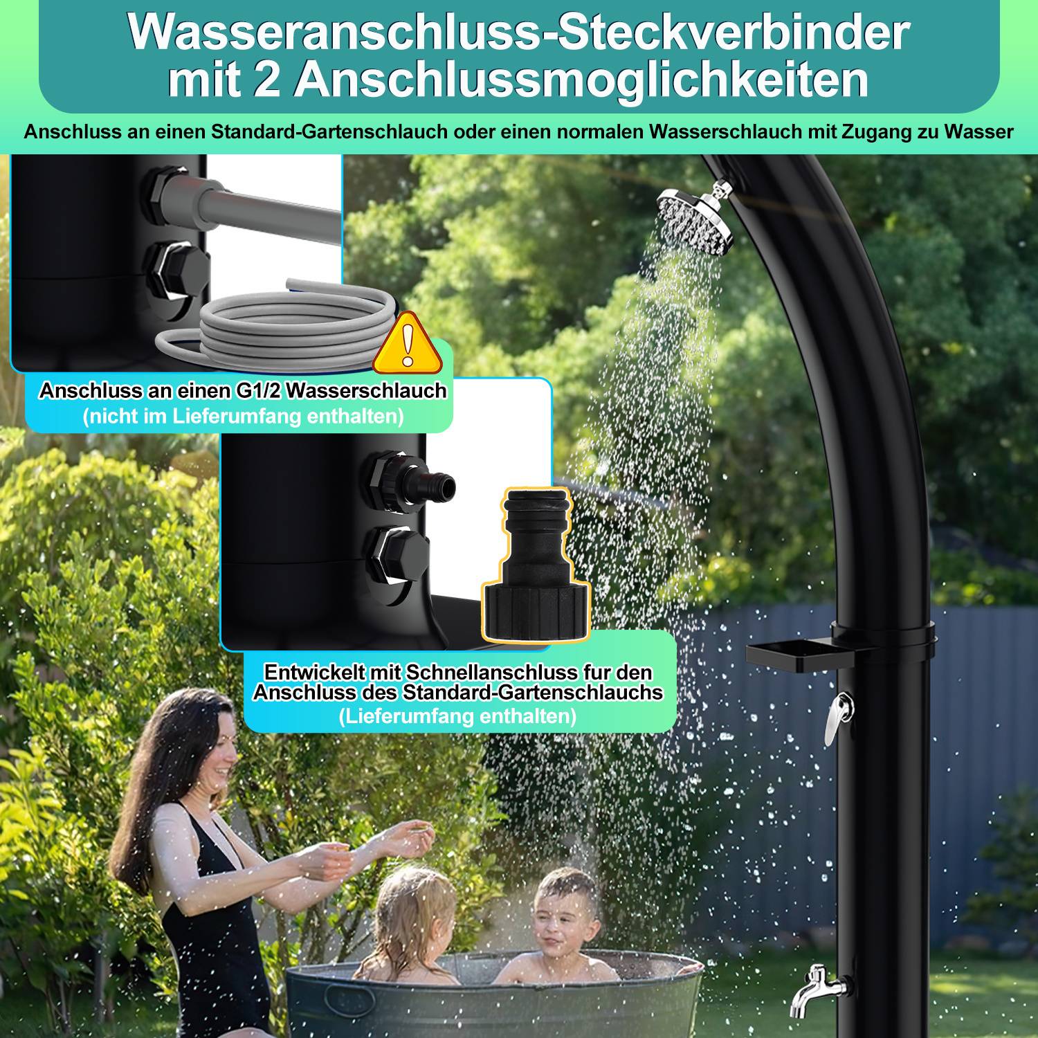 Wasseranschluss-Steckverbinder mit 2 Anschlussmöglichkeiten' zeigt zwei Anschlussarten für Gartenschläuche mit Schnellanschlussfunktion.