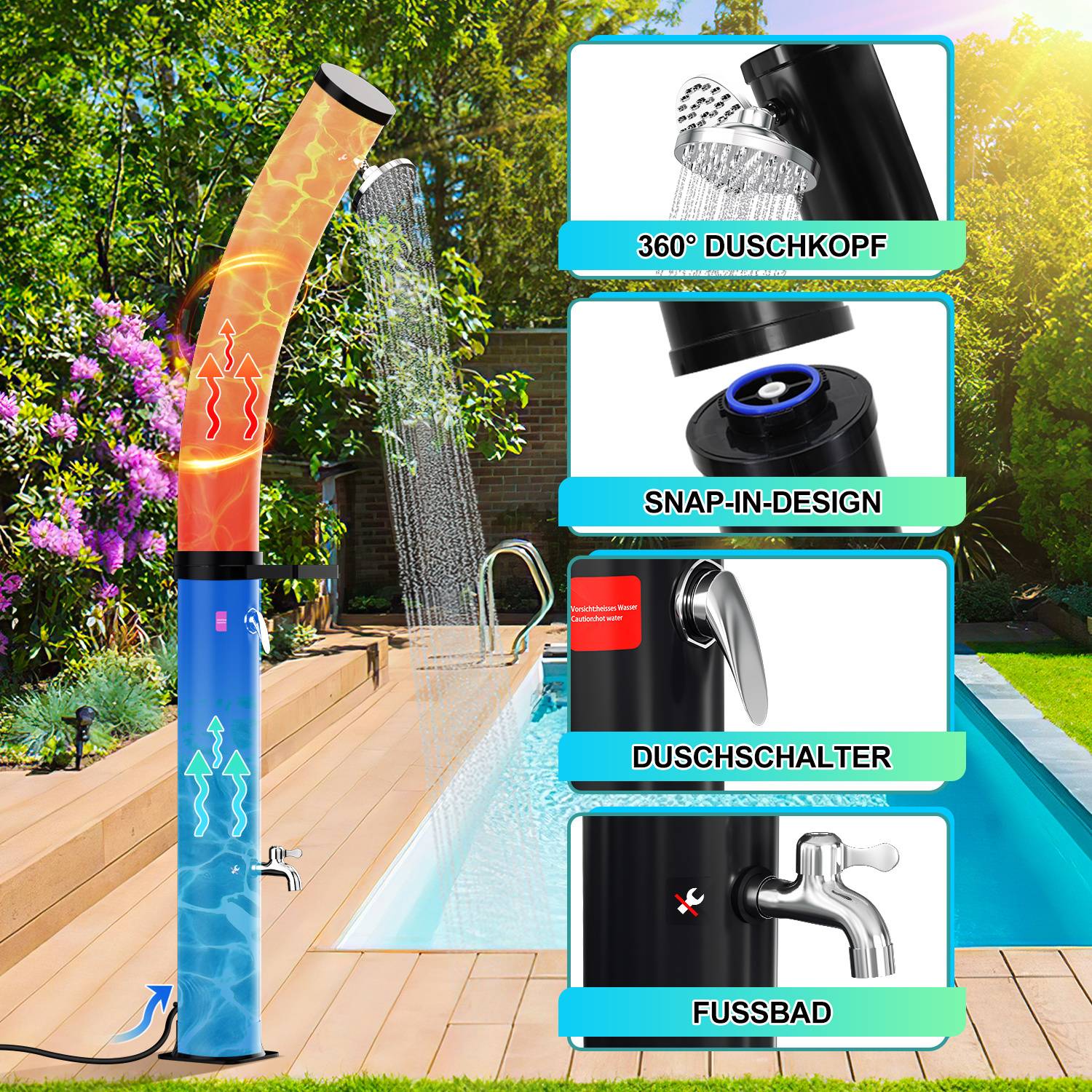 Außenpool-Dusche mit Temperaturregelung. Zu den Merkmalen gehören ein um 360° drehbarer Duschkopf, Schnellverschluss-Design, Duschschalter und Fußbad-Wasserhahn.