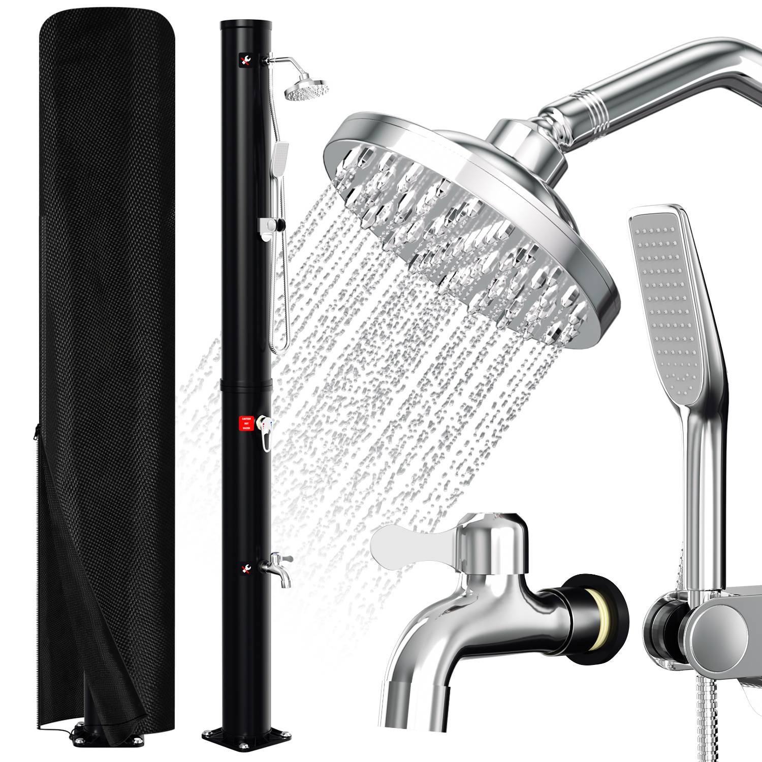 Außenduscheset mit schwarzem Standgerät, Regenduschkopf, tragbarem Sprühkopf und Wasserhahn. Inklusive Schutzabdeckung.