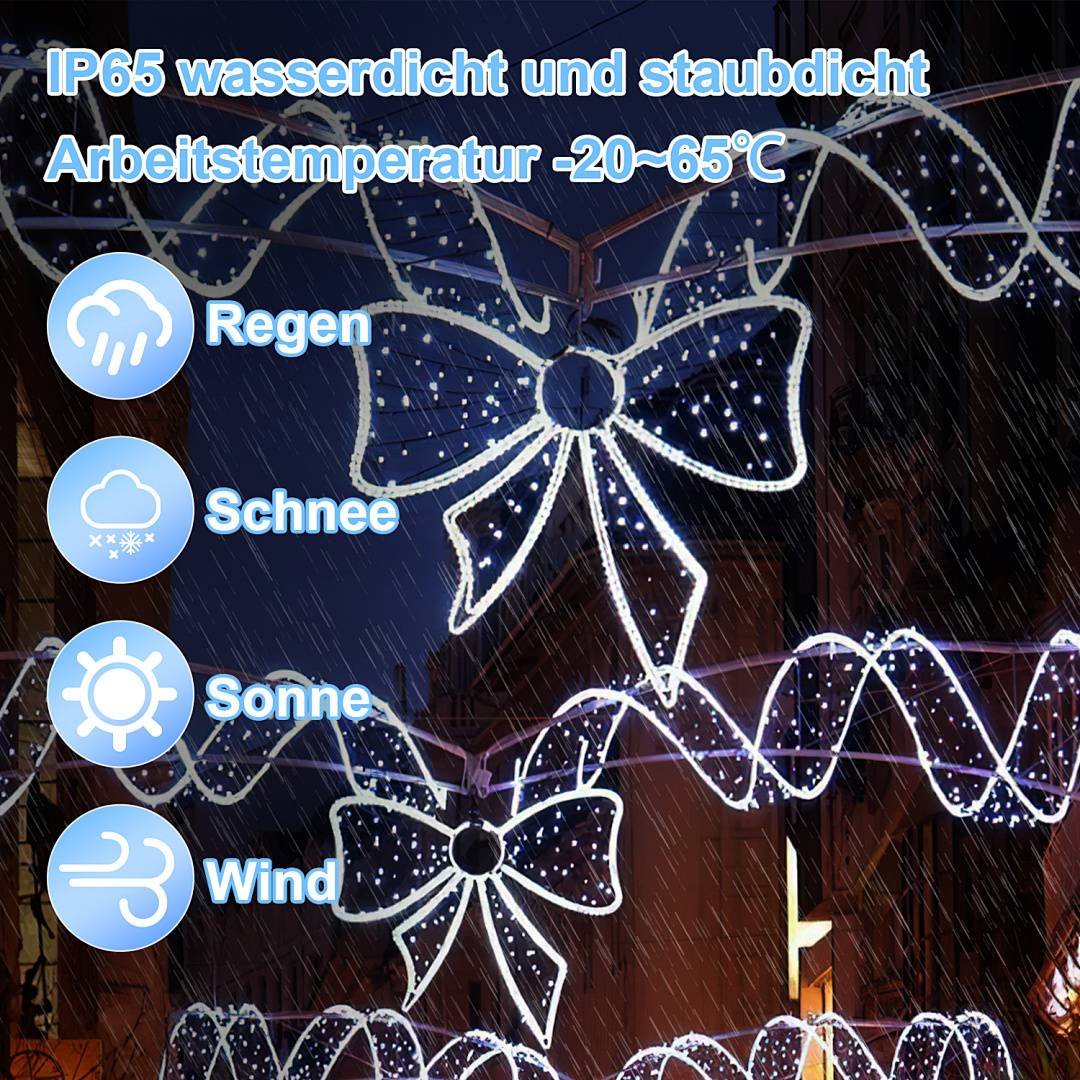 Das Bild zeigt wasserdichte und staubdichte Leuchten mit einem Temperaturbereich von -20 bis 65°C, mit Symbolen für Regen, Schnee, Sonne und Wind.
