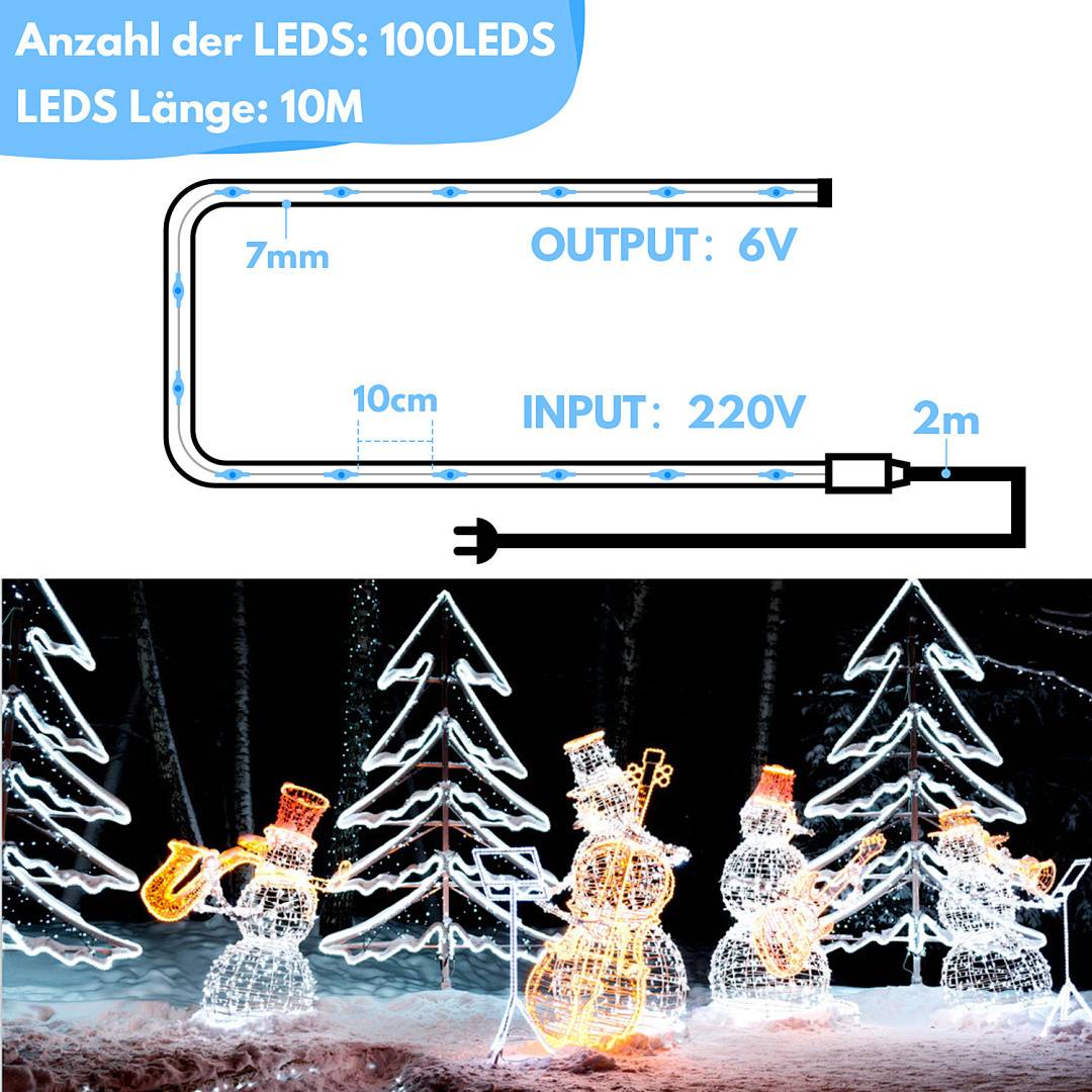 Eingabe: 220V, Ausgabe: 6V. 10 LED-Leuchten, 10m Länge. Enthält Diagramm und Foto von schneemännchen- und baumförmigen Lichtern.
