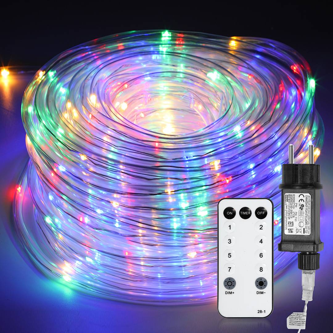 Aufgerollte mehrfarbige LED-Lichtschläuche mit Fernbedienung und Stromadapter, verwendet für dekorative Beleuchtung.