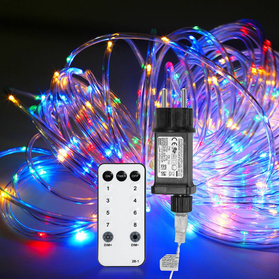 Bunte LED-Lichterketten mit Fernbedienung und Steckeradapter, geeignet für festliche oder dekorative Verwendung im Innenbereich.