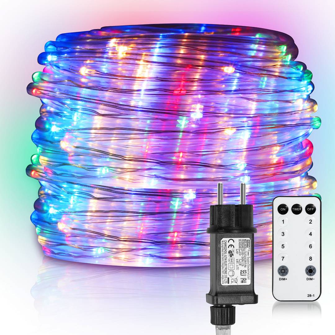 Bunte LED-Lichterketten in einer aufgerollten Anordnung, mit einer Fernbedienung und einem Stromadapter, geeignet für dekorative Beleuchtung.