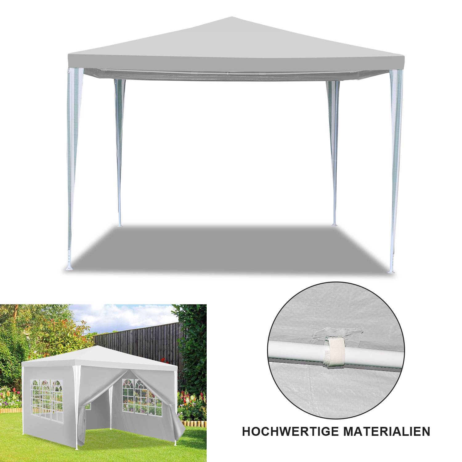 Festzelt für Außenveranstaltungen im Garten. Die eingefügte Detailansicht zeigt hochwertige Materialien und hebt eine robuste Pfohlverbindung hervor.