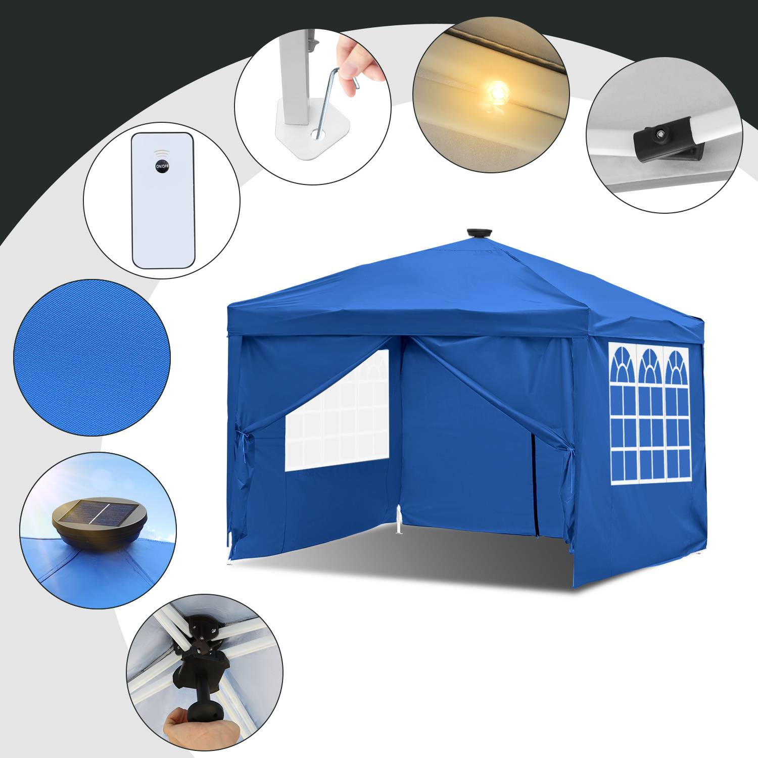 Blaues Pop-up-Zelt mit weißen Akzenten, mit Fenstern und einer Tür mit Reißverschluss. Umgebende Kreise zeigen Details: Solarenergie-Licht, Stoffstruktur, Türpaneel, Sicherungsclip und Aufbaumechanismus.