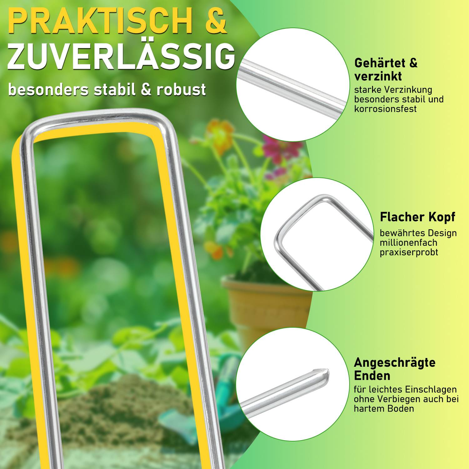 Gartenwerkzeug-Bild mit deutschem Text, der Merkmale hervorhebt: 'Praktisch & zuverlässig', 'Gehärtet & verstärkt', 'Flacher Kopf', 'Einschlagen ohne Verbiegen'. Grüne Pflanzen im Hintergrund.