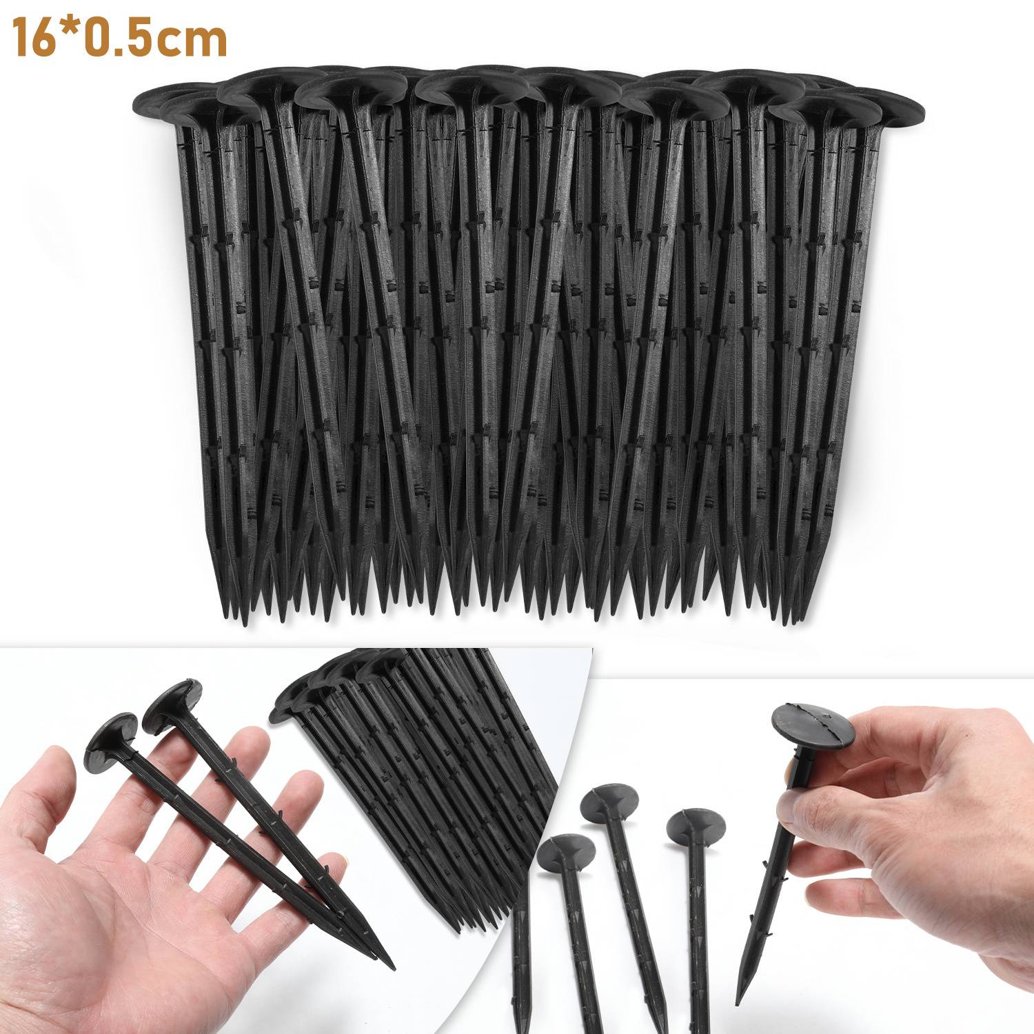 Schwarze Kunststoffpflöcke, 16 cm lang und 0,5 cm breit, in einem Bündel angeordnet und in der Hand gehalten. Werden zum Befestigen von Gartenvliesen verwendet.