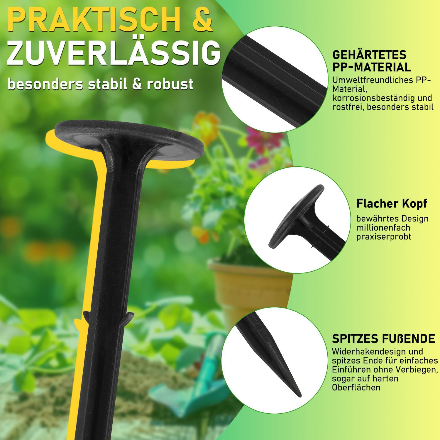 Ein Gartenwerkzeug-Angebot mit Details zur Stabilität des Werkzeugs, robustem PP-Material, flachem Kopf zum präzisen Einschlagen und scharfer Spitze zum einfachen Eindringen in den Boden.
