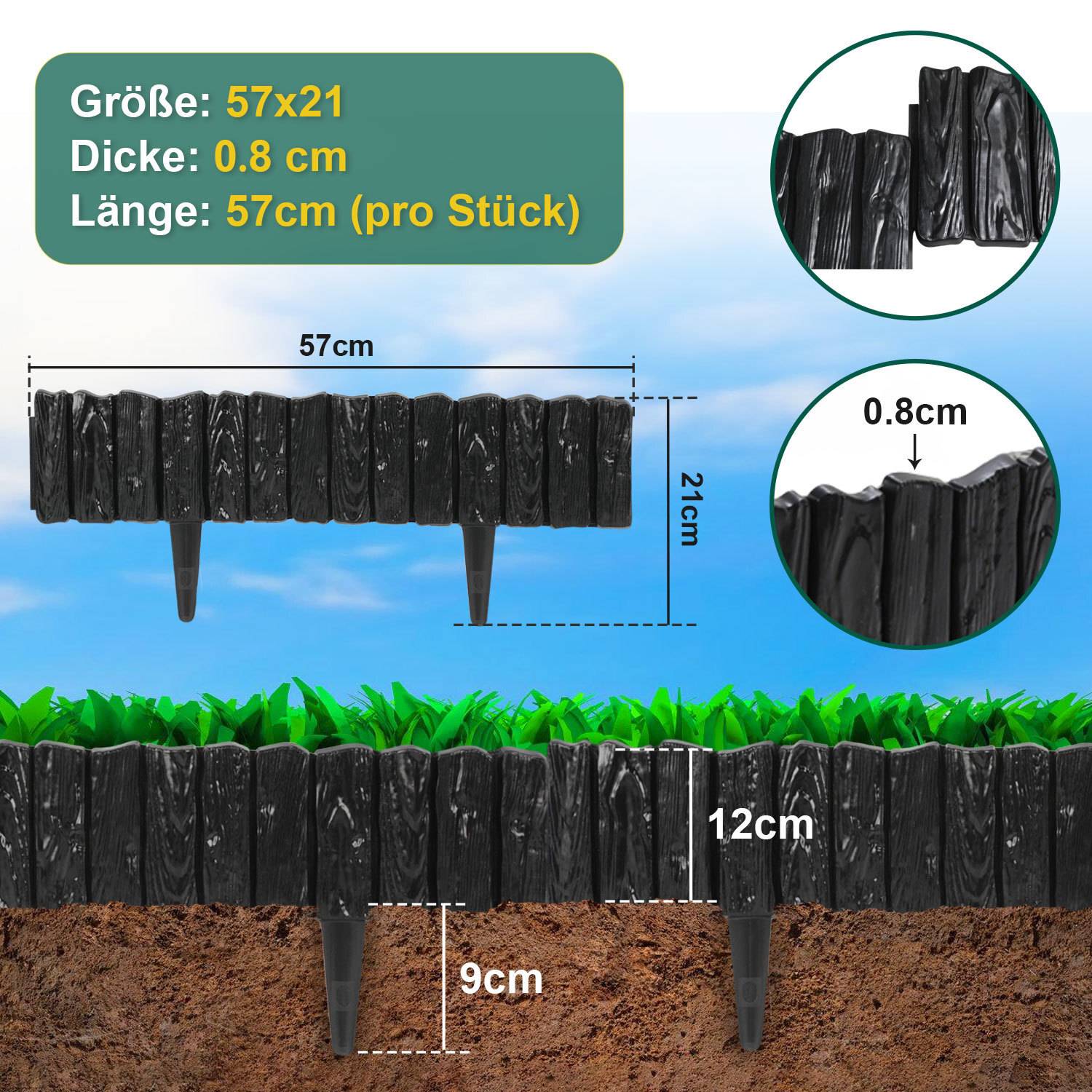 „Schwarzes Gartenbordürenstück, 57 cm lang, 21 cm hoch und 0,8 cm dick, mit Messerdetails dargestellt. Pfähle ragen 9 cm in den Boden.