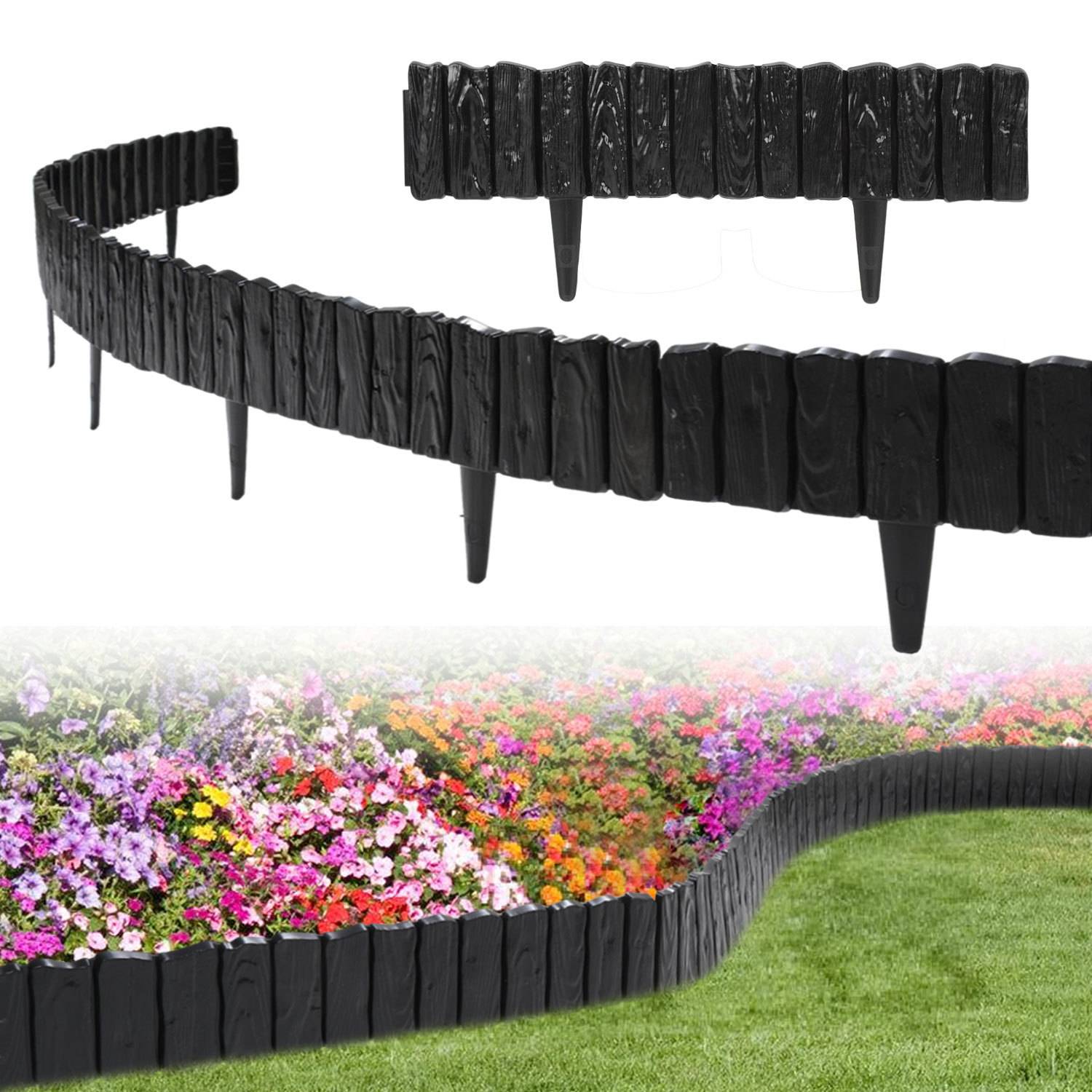 Schwarze Kunststoff-Gartenrandpaneele mit Pfählen, gekrümmt dargestellt und um ein buntes Blumenbeet neben einem Rasen installiert.