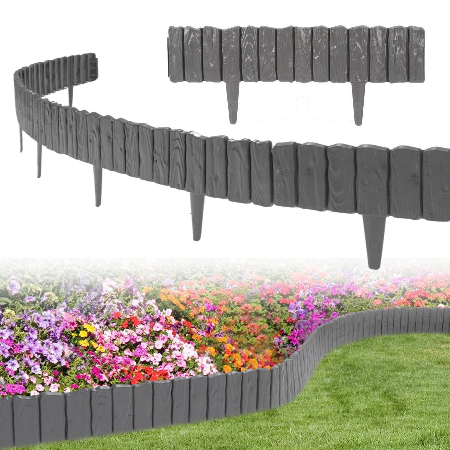 Flexible Kunststoffgartenumrandung, die eine Grenze zwischen einem leuchtenden Blumenbeet und Rasen definiert und eine sanfte Kurve bildet, um Bereiche zu trennen.