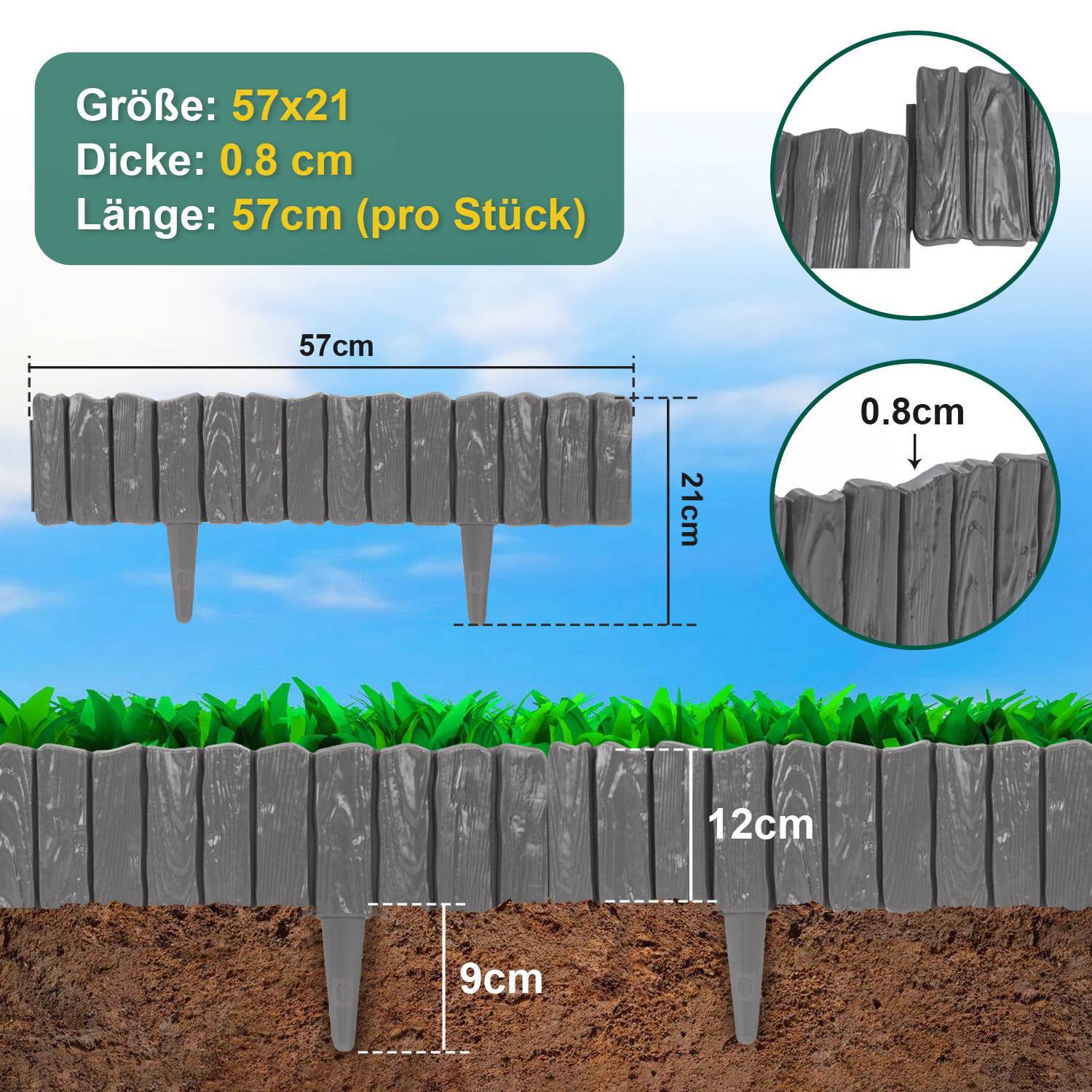 Ein grauer Gartenbordürenzaun mit Abmessungen: Länge 57 cm, Höhe 21 cm und Dicke 0,8 cm pro Stück, abgebildet mit Erde und Gras.