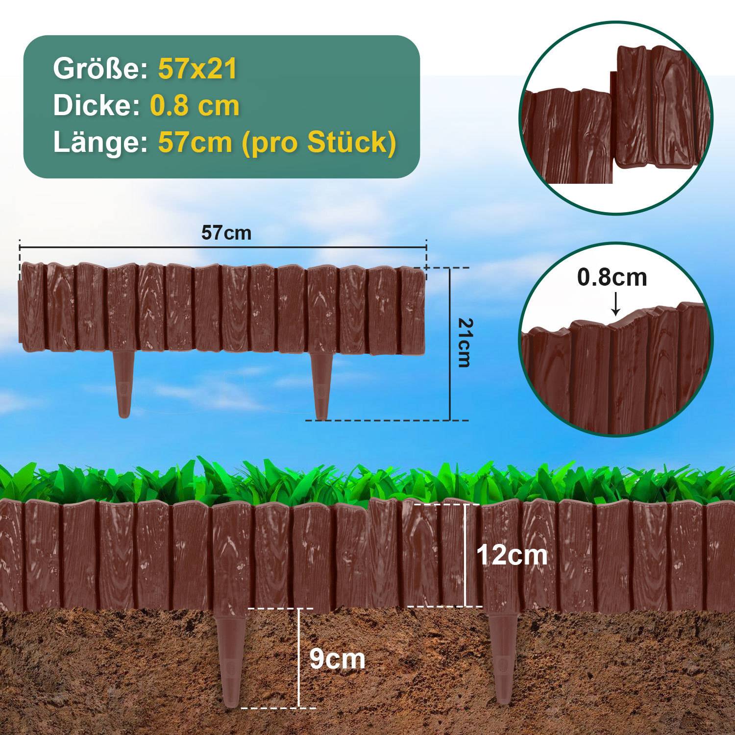 Größe: 57x21cm, Dicke: 0,8cm, Länge: 57cm (pro Stück) Holzgarteneinfassung mit Pfosten: 57cm breit, 21cm hoch, 0,8cm dick.