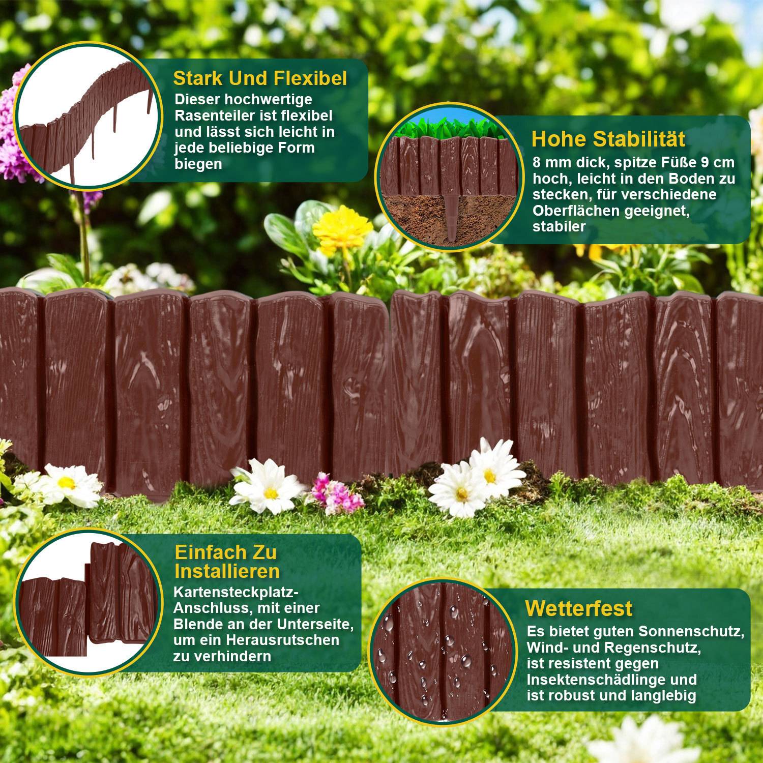 Ein dekorativer Gartenbordüre aus braunem Kunststoff, der Holzpfählen ähnelt. Der Text hebt Flexibilität, Stabilität, einfache Installation und Wetterbeständigkeit hervor. Grüner Hintergrund mit Blumen.