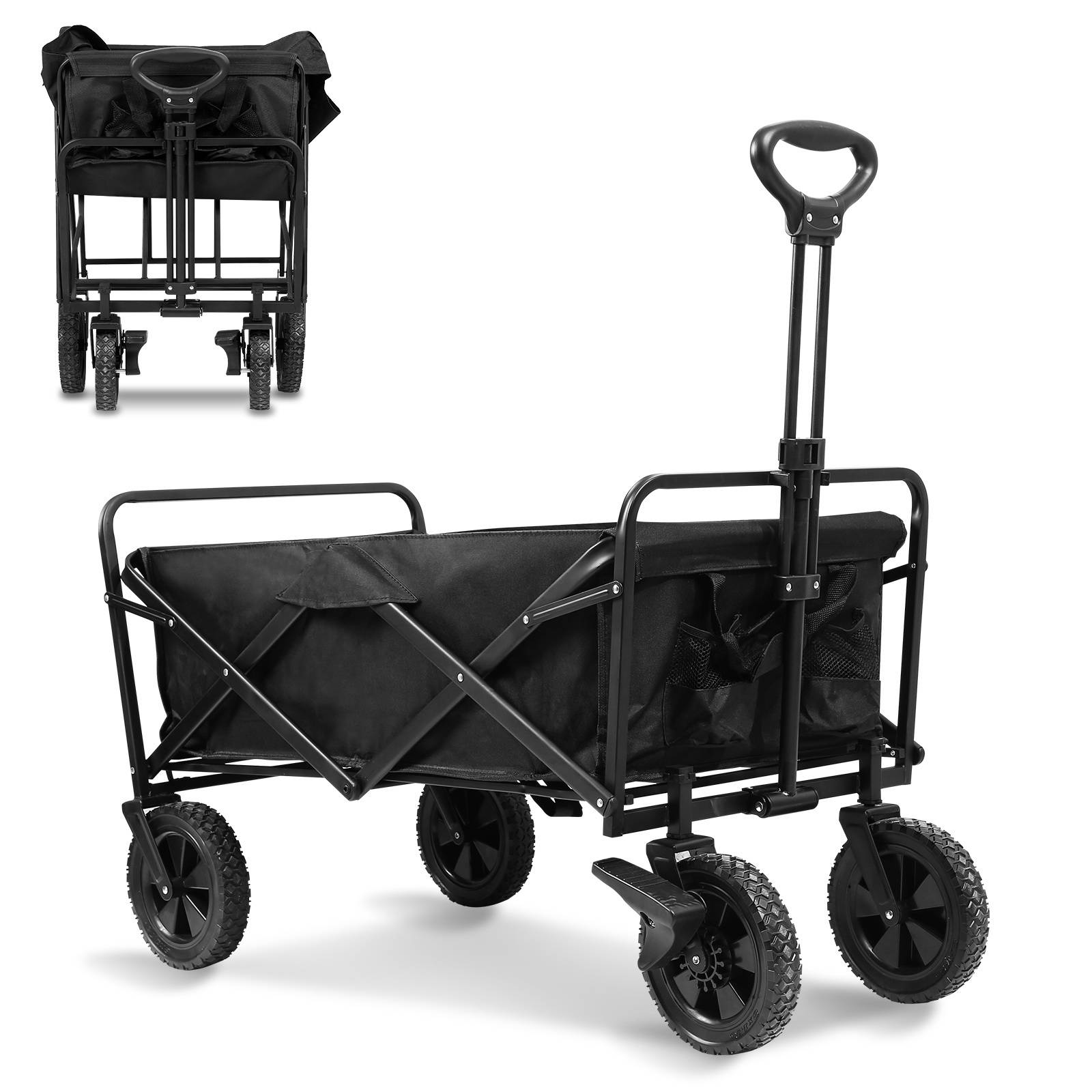 Ein zusammenklappbarer schwarzer Nutzwagen mit großen Rädern und ausziehbarem Griff, gezeigt vollständig ausgeklappt und zusammengefaltet zur kompakten Lagerung.