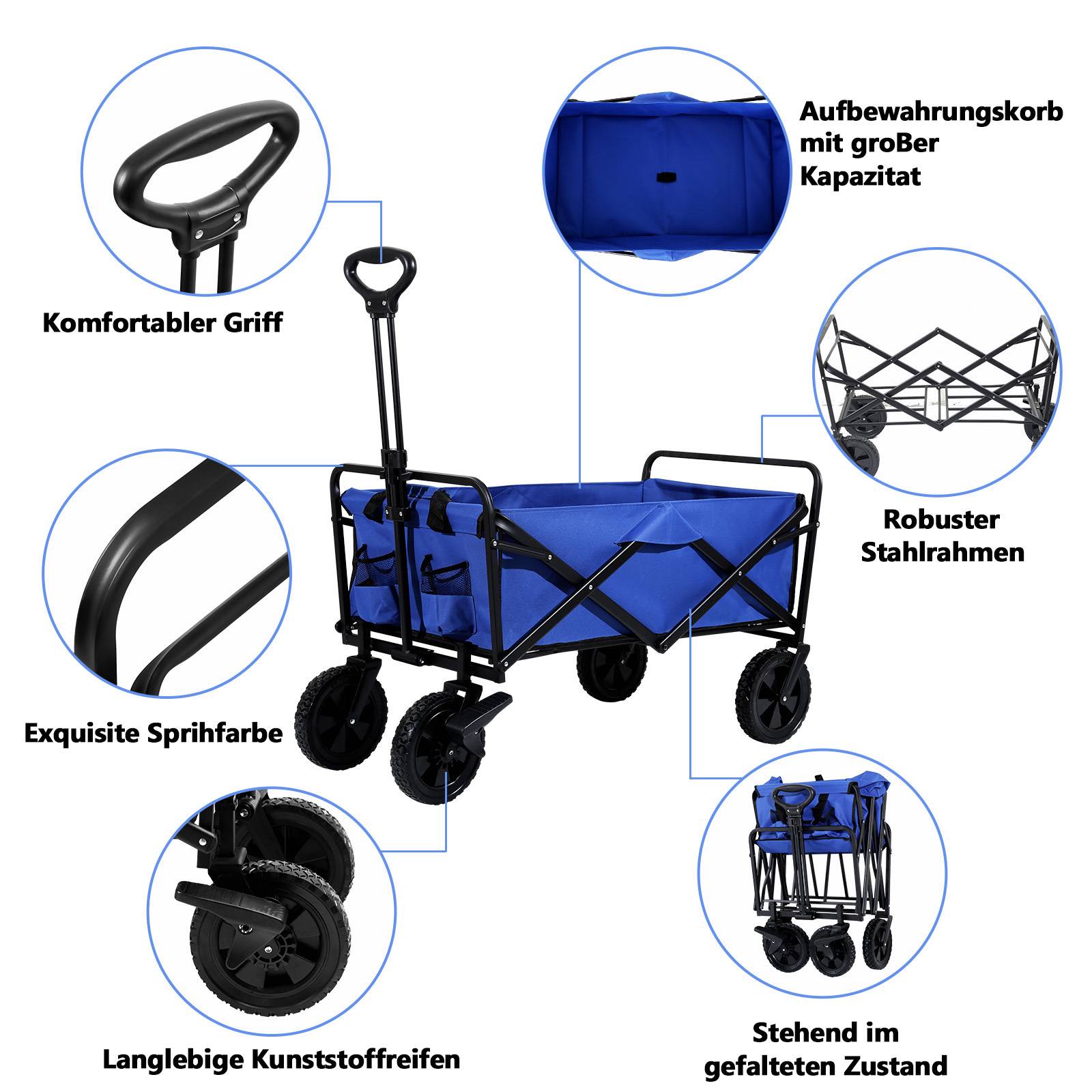 Ein faltbarer blauer Nutzwagen mit Griff, großem Stauraum, robustem Stahlrahmen, strapazierfähigen Kunststoffreifen und kompakt im zusammengeklappten Zustand.