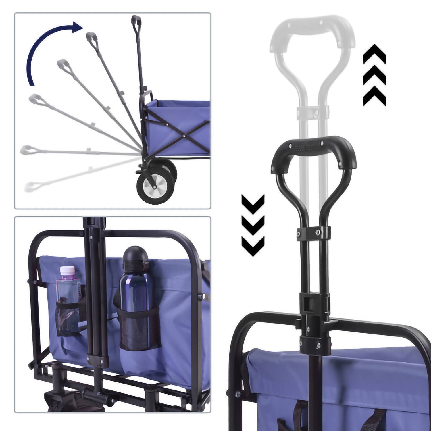 Klappwagen mit verstellbarem Griff, Vorderansicht mit Griffpositionen und Rückseite mit Getränkehaltern, wobei Komfort und Zweckmäßigkeit hervorgehoben werden.