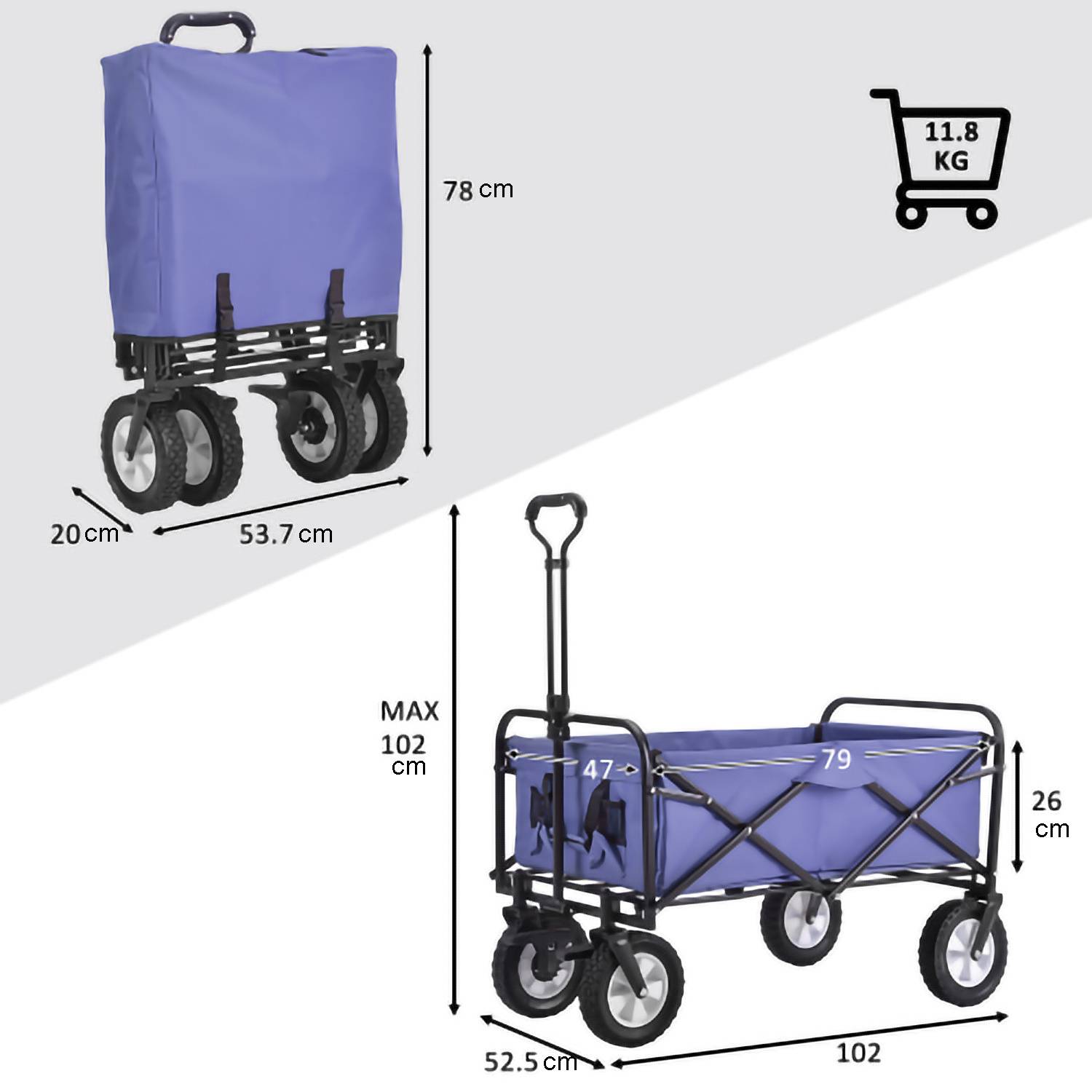 Abmessungen des faltbaren Nutzwagens: Höhe 78 cm, zusammengeklappt 53,7x20 cm, ausgeklappt 102x52,5x26 cm, Gewicht 11,8 kg, blaues Tuch.