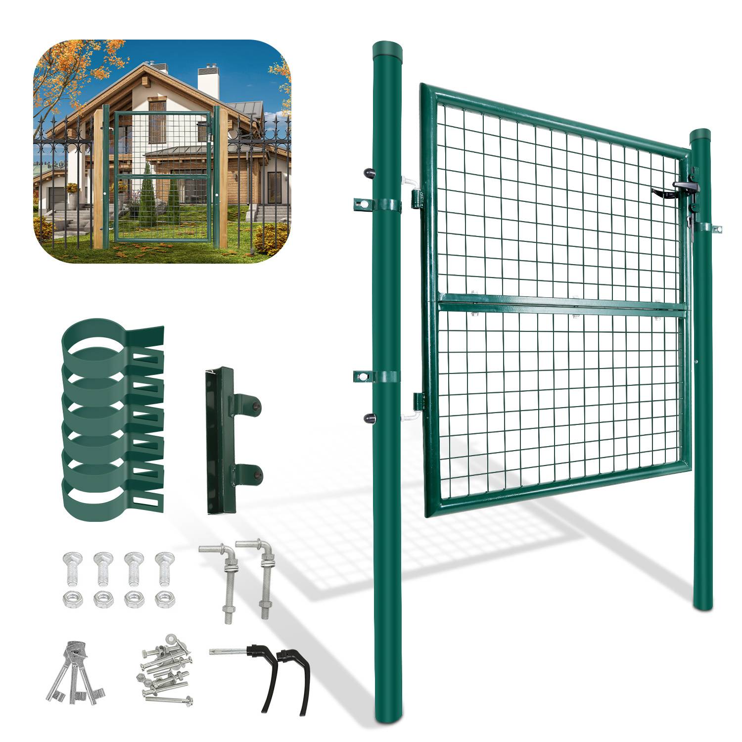Grünes Metalltor-Set mit Scharnieren und Bolzen, das ein Maschenmuster aufweist. Angezeigt mit Installationskomponenten und einem Haus als Hintergrundkontext.