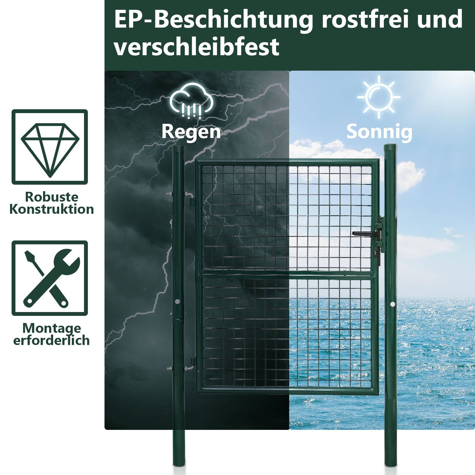 Ein grünes Metalltor, halb im Regen und halb in der Sonne, veranschaulicht Wetterbeständigkeit. Text: 'Robuste Konstruktion', 'Montage erforderlich'.
