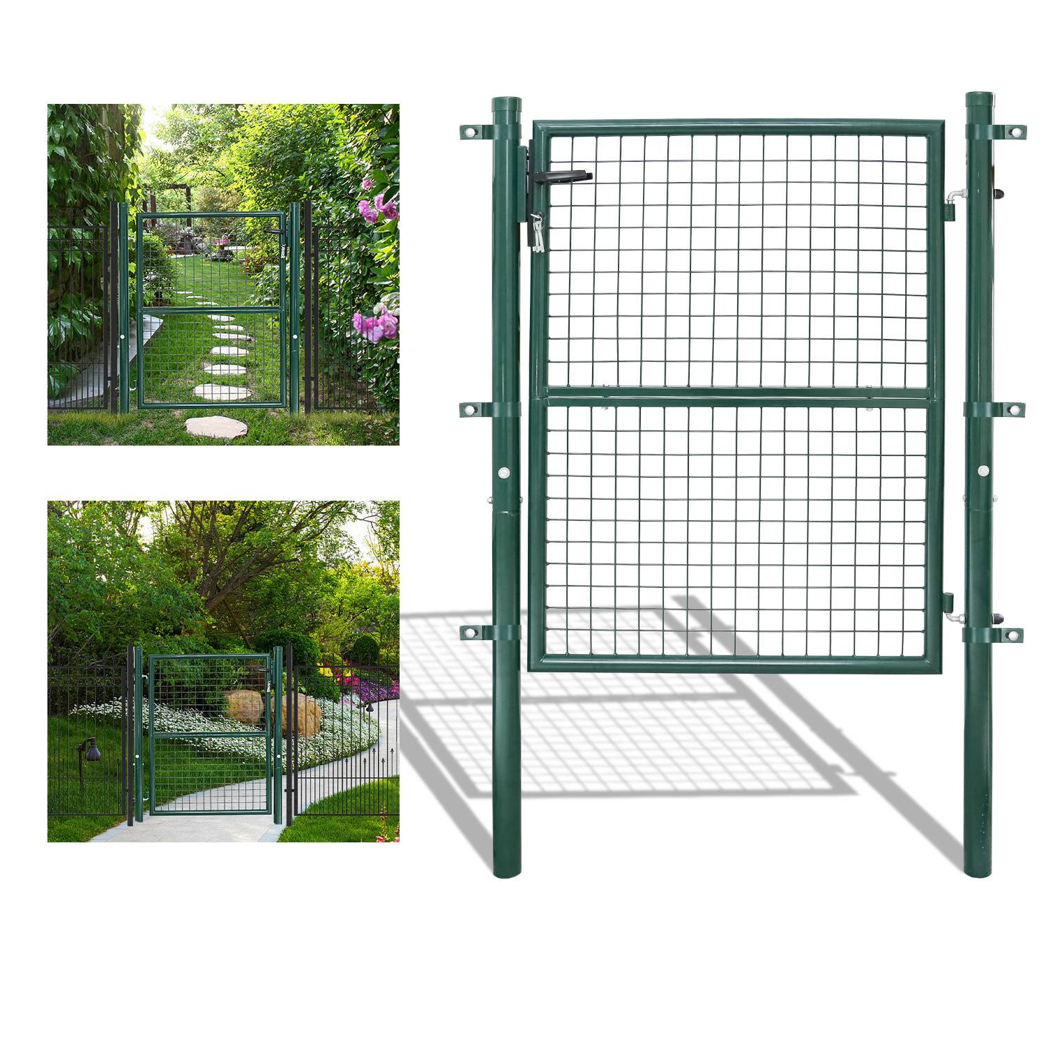 Ein grünes Metallgartengitter mit Drahtgeflecht-Design. Einsätze zeigen das Gitter in zwei Gartenumgebungen installiert, mit Trittsteinen und Bepflanzung.