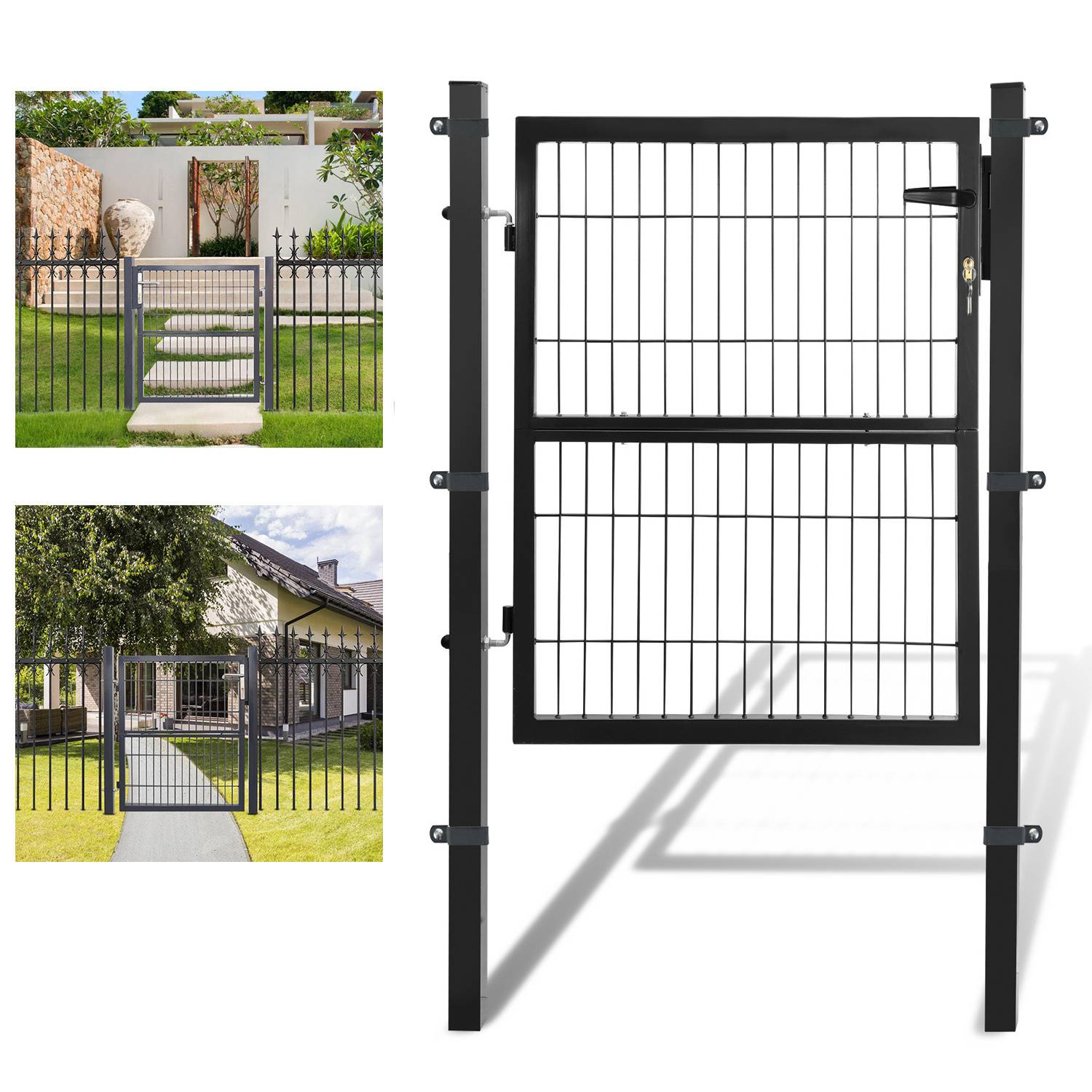 „Drei Metalltor ausgestellt. Oben links: enges schwarzes Metalltor mit umgebendem Zaun. Unten links: Tor, das zu einem Haus führt. Rechts: detaillierte Ansicht eines schwarzen Metalltors.