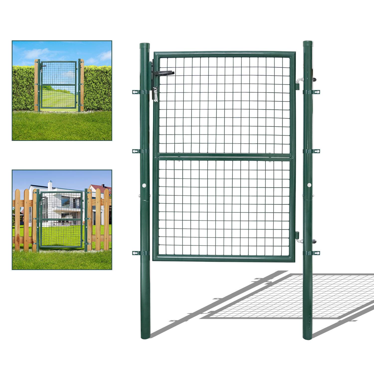 Grünes Metallgartentor mit Drahtgeflecht, geöffnet in einem Rasenbereich dargestellt. Zwei eingefügte Bilder zeigen verschiedene Zaunstile mit ähnlichen Toren.