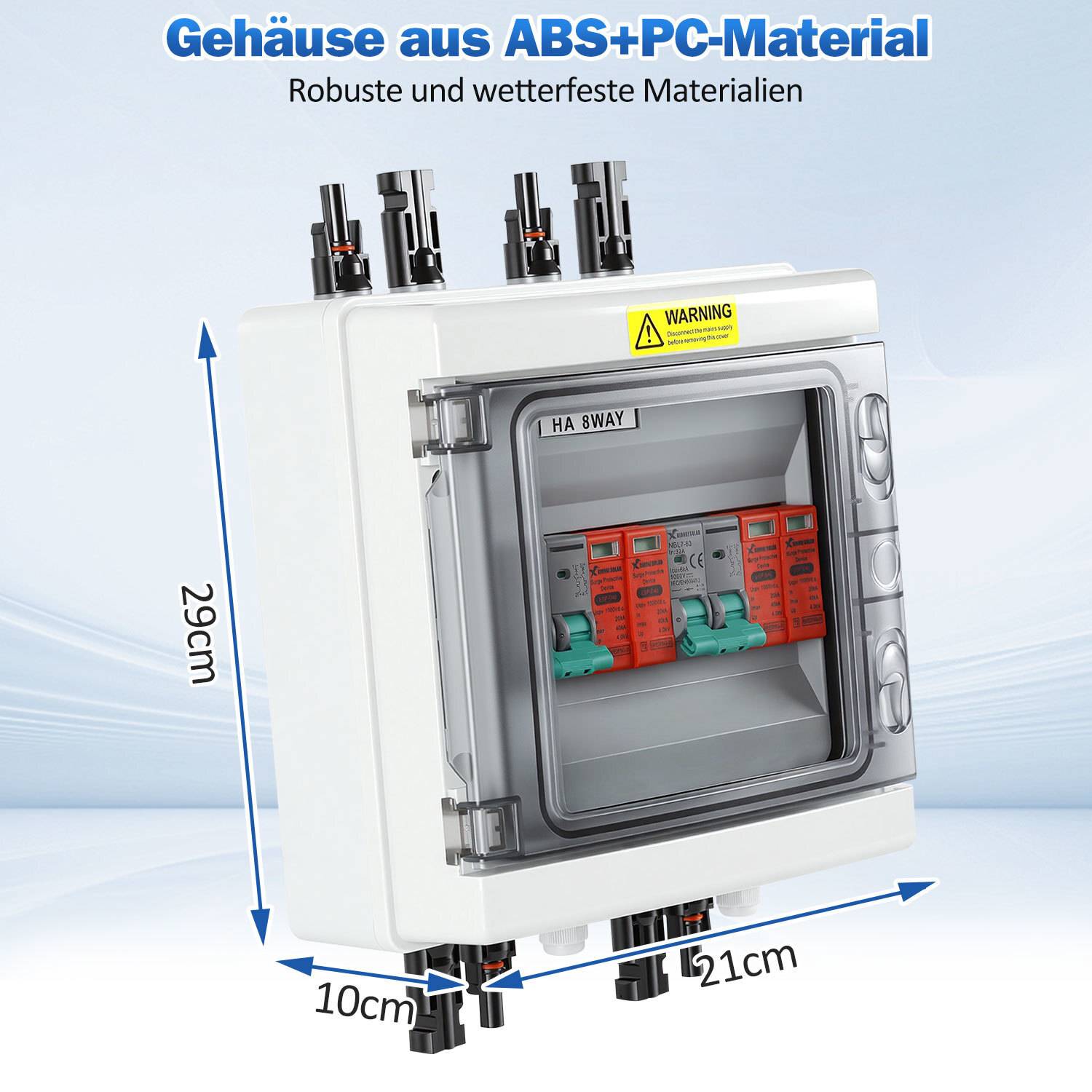 Gehäuse aus ABS+PC-Material' Gehäuse mit 'Warnung' Etikett, Abmessungen: 29 cm x 21 cm x 10 cm, zur Demonstration von Robustheit und Witterungsbeständigkeit.