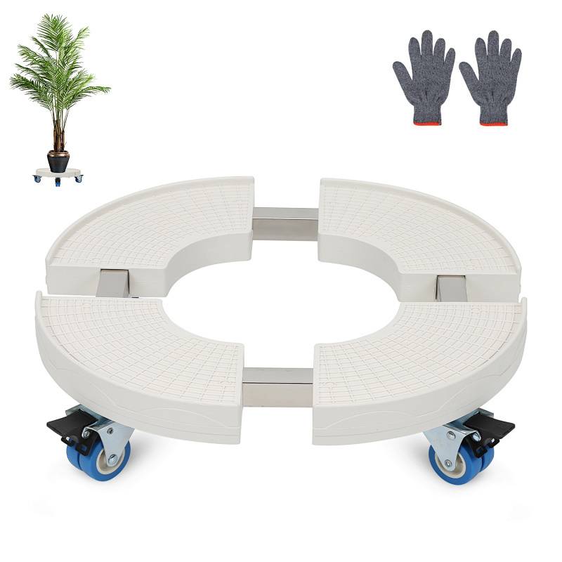 Verstellbarer runder Pflanzenwagen auf blauen Rädern, entwickelt, um Pflanzen leicht zu halten und zu bewegen; enthält ein Paar graue Gartenhandschuhe.