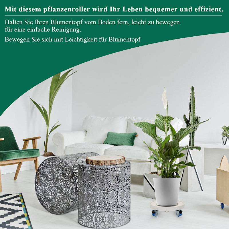 Ein Wohnzimmer mit einem weißen Sofa, Pflanzen auf fahrbaren Ständern und grünen Akzenten. Deutscher Text über die Leichtigkeit des Umzugs von Blumentöpfen und deren Wartung.