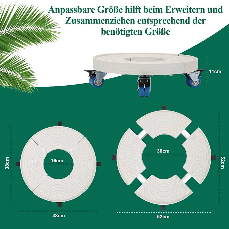 Anpassbare Größe hilft beim Erweitern und Zusammenziehen entsprechend der benötigten Größe. Diagramm zeigt eine erweiterbare kreisförmige Plattform mit Abmessungen: Hauptplattform 38 cm Durchmesser, Mittenlücke 16 cm im geschlossenen Zustand, erweitert sich auf 52 cm mit 30 cm Mittenlücke.