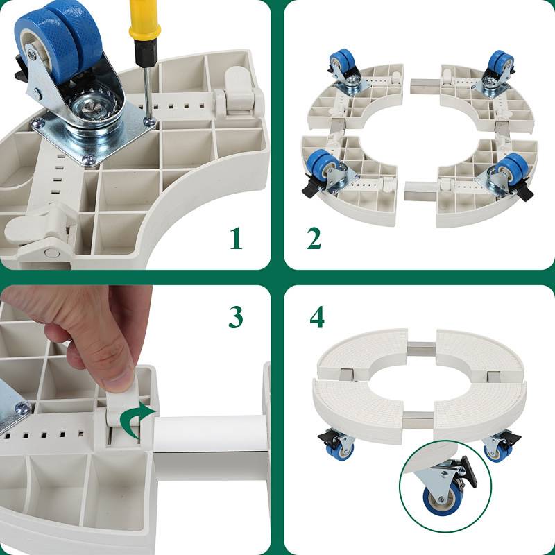 Anleitung zum Zusammenbau einer Radunterlage: 1. Blaue Lenkrolle in Position schrauben. 2. Basisteile ausrichten. 3. Komponenten zusammen verriegeln. 4. Fertige Unterlage mit angebrachten Rädern.