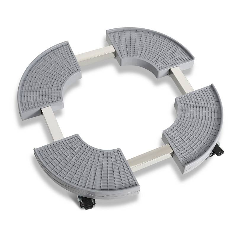 Ein grauer verstellbarer Waschmaschinenständer mit strukturierten halbkreisförmigen Füßen, die durch Metallstangen verbunden sind und für Stabilität und Vibrationsdämpfung konzipiert wurden.