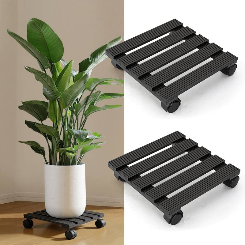 Eine getopfte Pflanze steht auf einem schwarzen Rollwagen in einer Zimmerecke. Zwei identische Rollwagen werden rechts separat gezeigt.