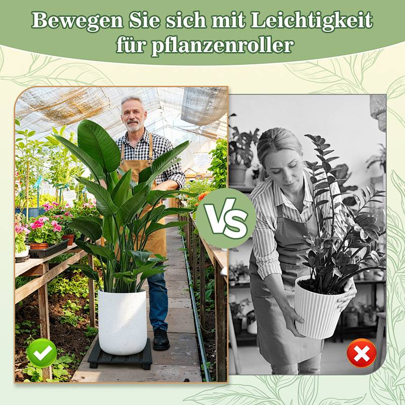 Ein Mann und eine Frau bewegen Pflanzen auf Rollen in einer Gewächshausumgebung. Der Text lautet: 