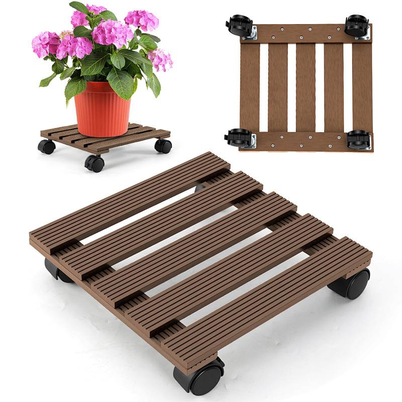 Holzblumenwagen mit vier Rädern, auf dem eine Topfpflanze mit rosa Blüten steht. Eine weitere Aufnahme zeigt die Holzleisten und Räder des Wagens.