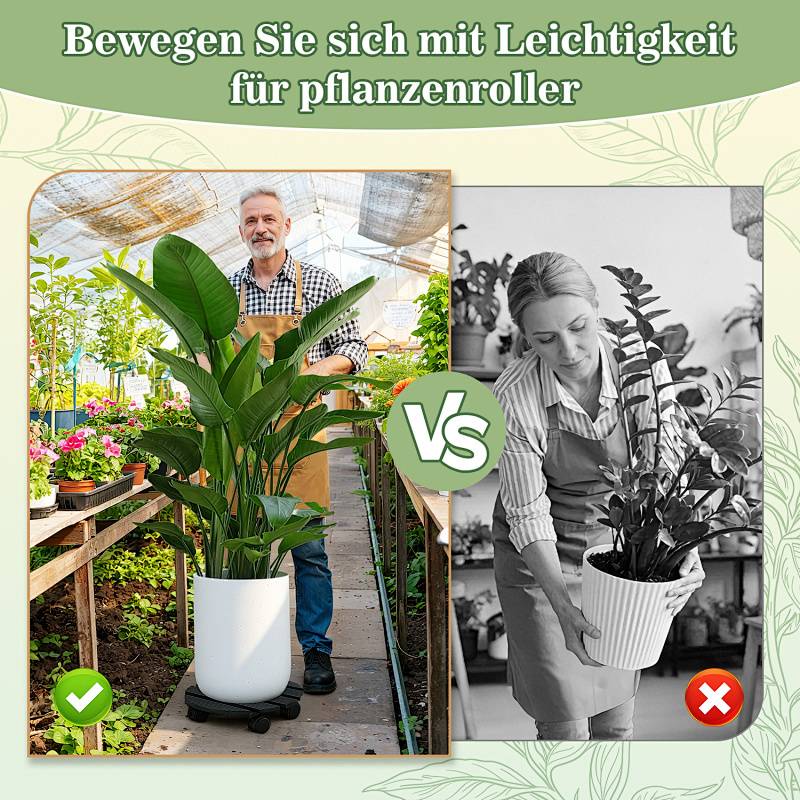 Ein Mann bewegt eine Pflanze auf einer Plattform mit Rädern in einem Gewächshaus, kontrastiert mit einer Frau, die Schwierigkeiten hat, eine Pflanze zu heben. Text: 'Bewegen Sie sich mit Leichtigkeit für Pflanzenroller'.