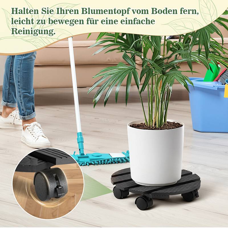 Eine Person, die einen Boden wischt, bewegt eine Topfpflanze auf einem Ständer mit Rollen. Ein Text auf Deutsch empfiehlt, leicht zu reinigen, indem man den Pflanzenständer nutzt.