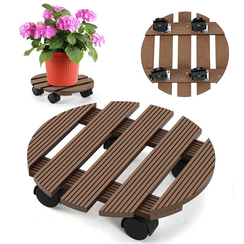 Holzpflanzenwagen mit Rädern, abgebildet mit einem Blumentopf. Nahaufnahme zeigt robuste Konstruktion und drehbare Lenkrollen für Mobilität.