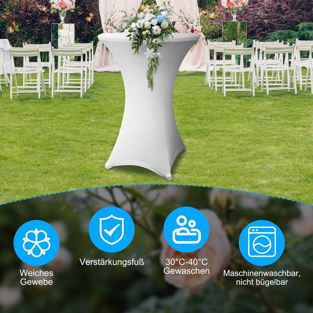 Ein hoher, weißer Tisch mit einer Blumengestaltung steht auf einem grasbewachsenen Rasen mit einem Hintergrund aus Stühlen und Dekorationen. Symbole darunter heben Stoffmerkmale hervor.