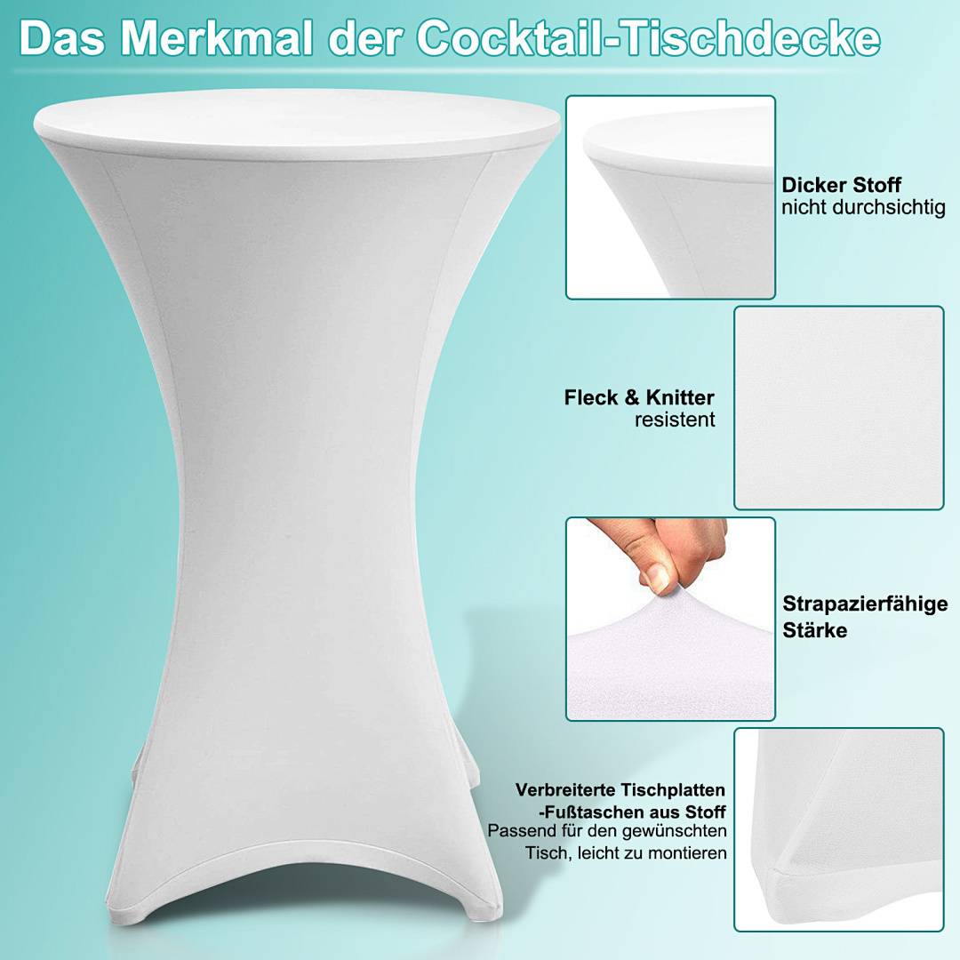 Eine weiße Cocktailtisch-Abdeckung wird präsentiert, die das dicke, undurchsichtige Gewebe, die Fleckenbeständigkeit, Langlebigkeit und die dehnbaren Kanten hervorhebt.