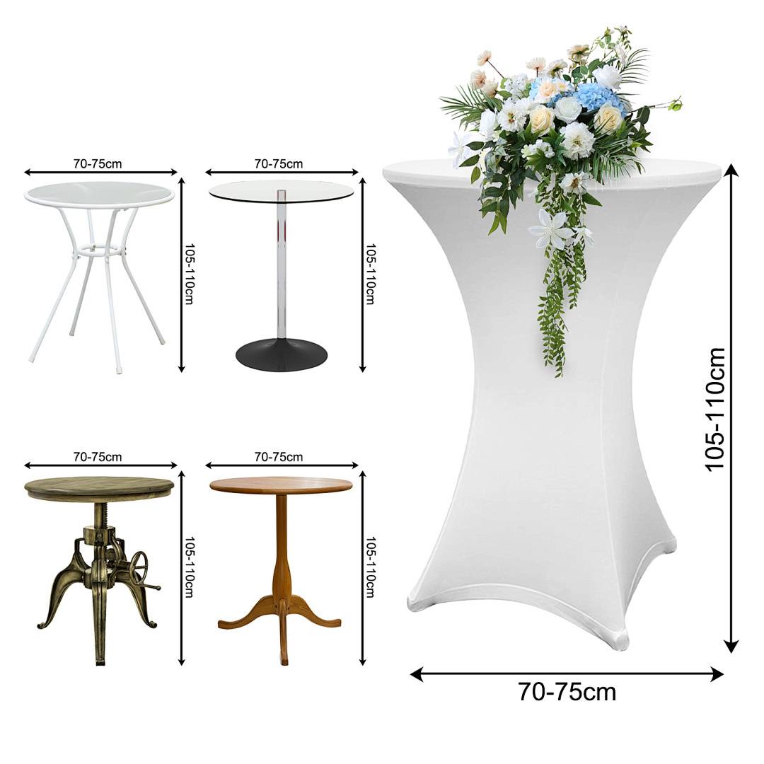 Hohe Cocktailtische in verschiedenen Stilen und Farben, mit Durchmessern von 70-75 cm und Höhen von 105-110 cm. Einer ist mit Blumen dekoriert.