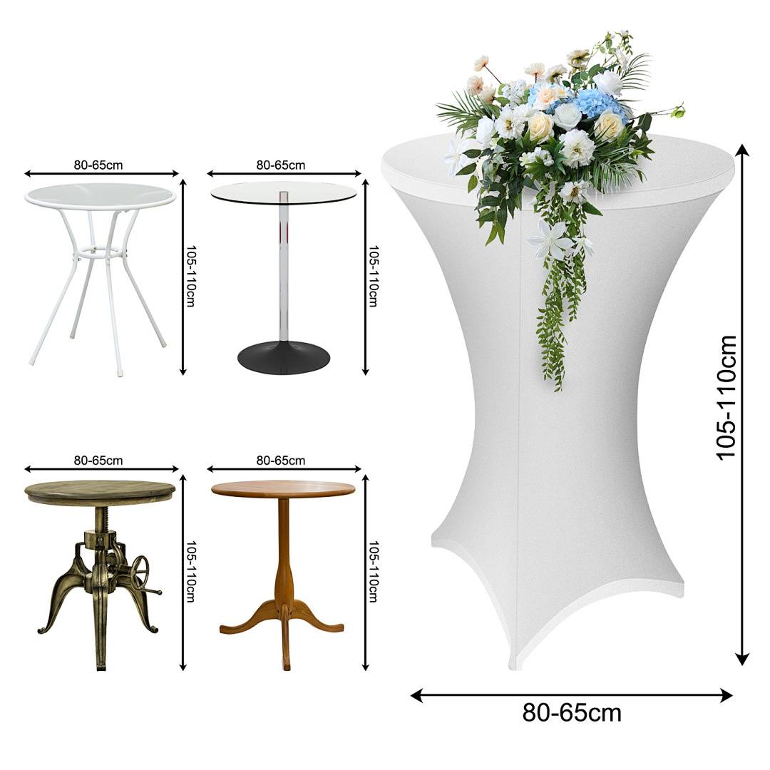 Hohe Cocktailtische in verschiedenen Stilen und Farben, jeweils mit einem Durchmesser von 80-65 cm und einer Höhe von 105-110 cm.