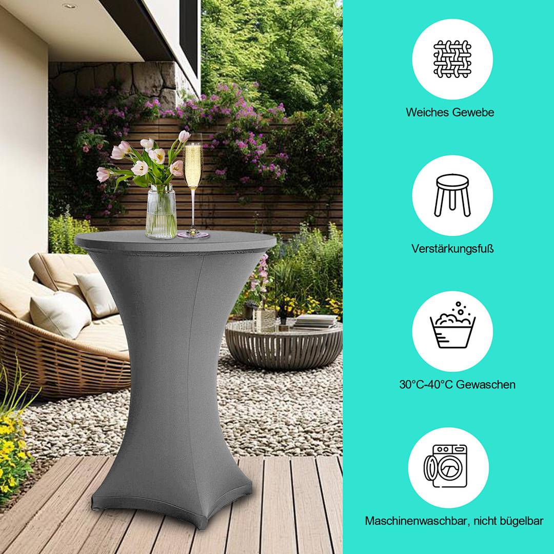 Eine Terrasse mit einem Couchtisch, der mit grauem Stoff bezogen ist und zwei Champagnergläser hält. Symbole auf der rechten Seite heben die Stoffeigenschaften hervor.