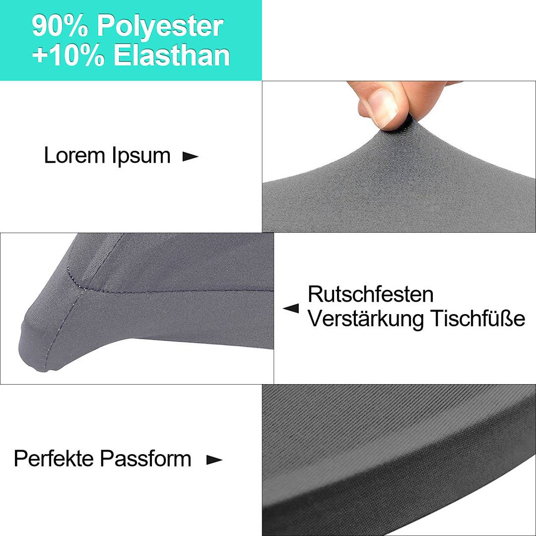 Tischdecke mit Funktionen einschließlich 90% Polyester, 10% Elasthan, schlanke Passform und verstärkte rutschfeste Tischfüße.