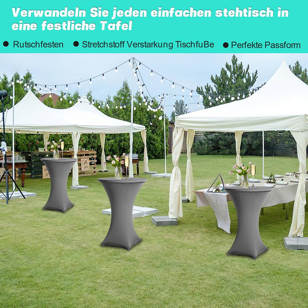 Außenbereich mit weißen Zelttischen für eine Veranstaltung. Lichterketten sind über Kopf angebracht. Der Text erwähnt festliche Atmosphäre und perfekte Eignung.
